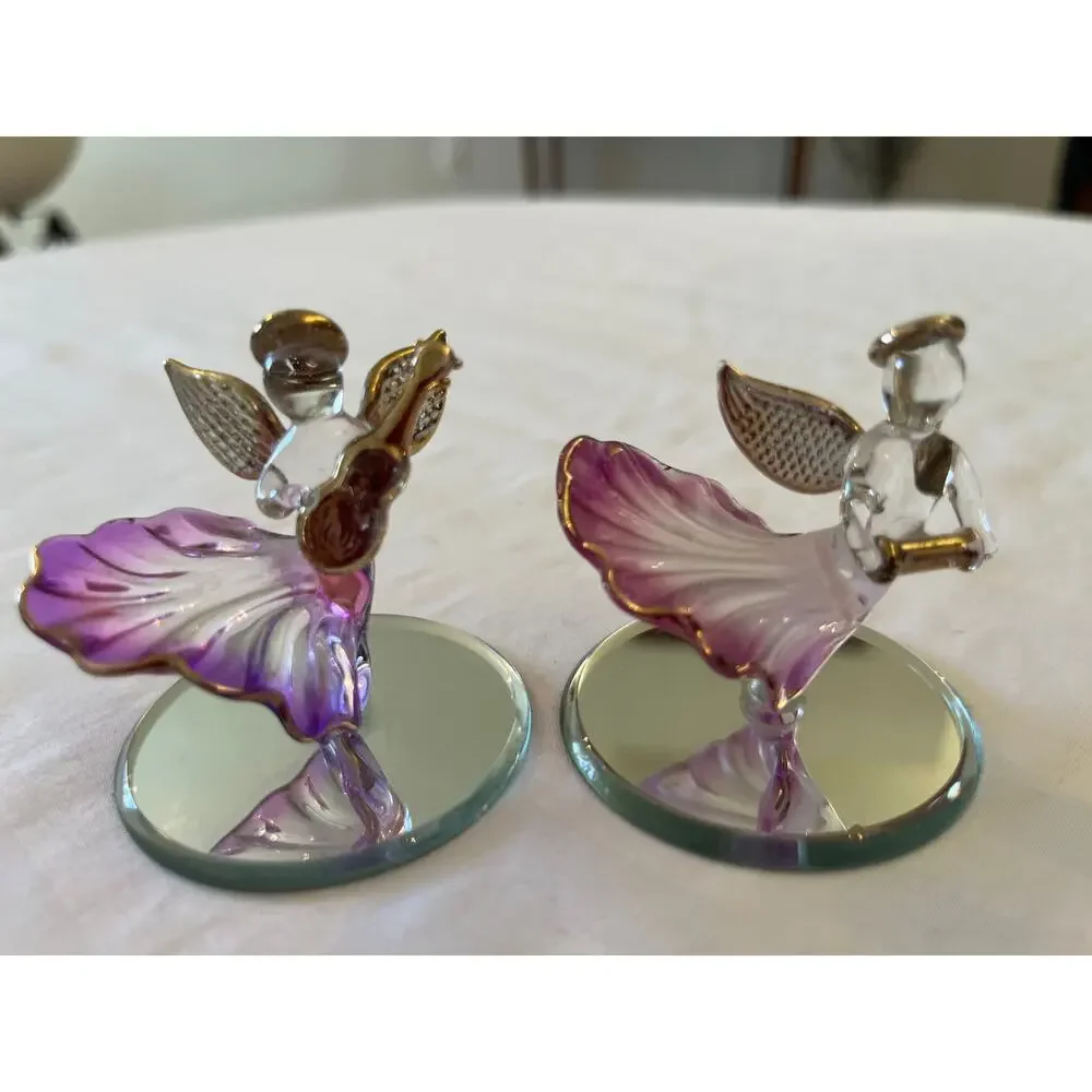 Crystallite Purple Spun Glass Musical Angel‎ Set 22kt Gold Trim Mirror Base Vtg